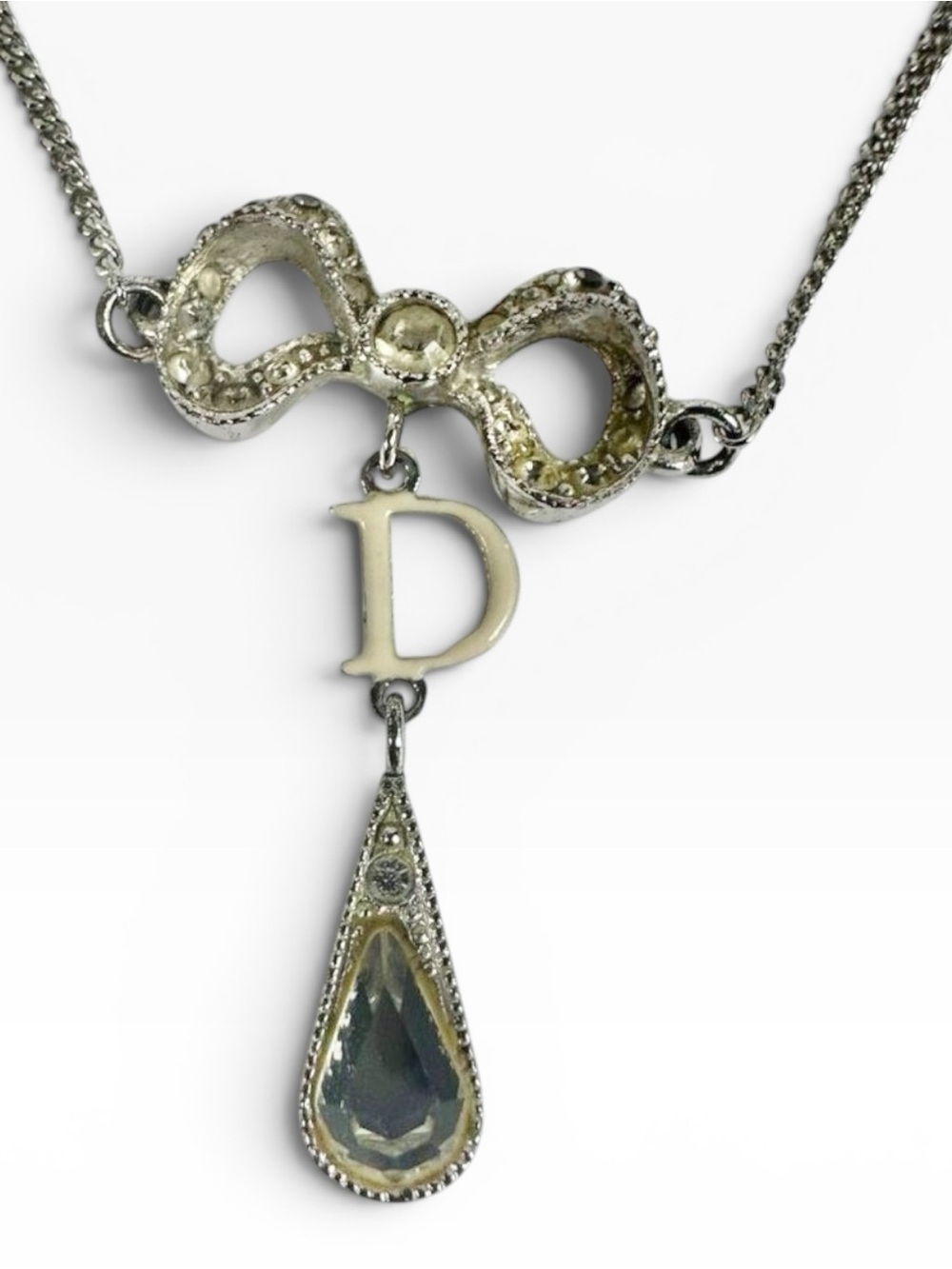 Christian Dior Letter “D” Y-Drop Silver Tone Rhinestone Pendant Necklace